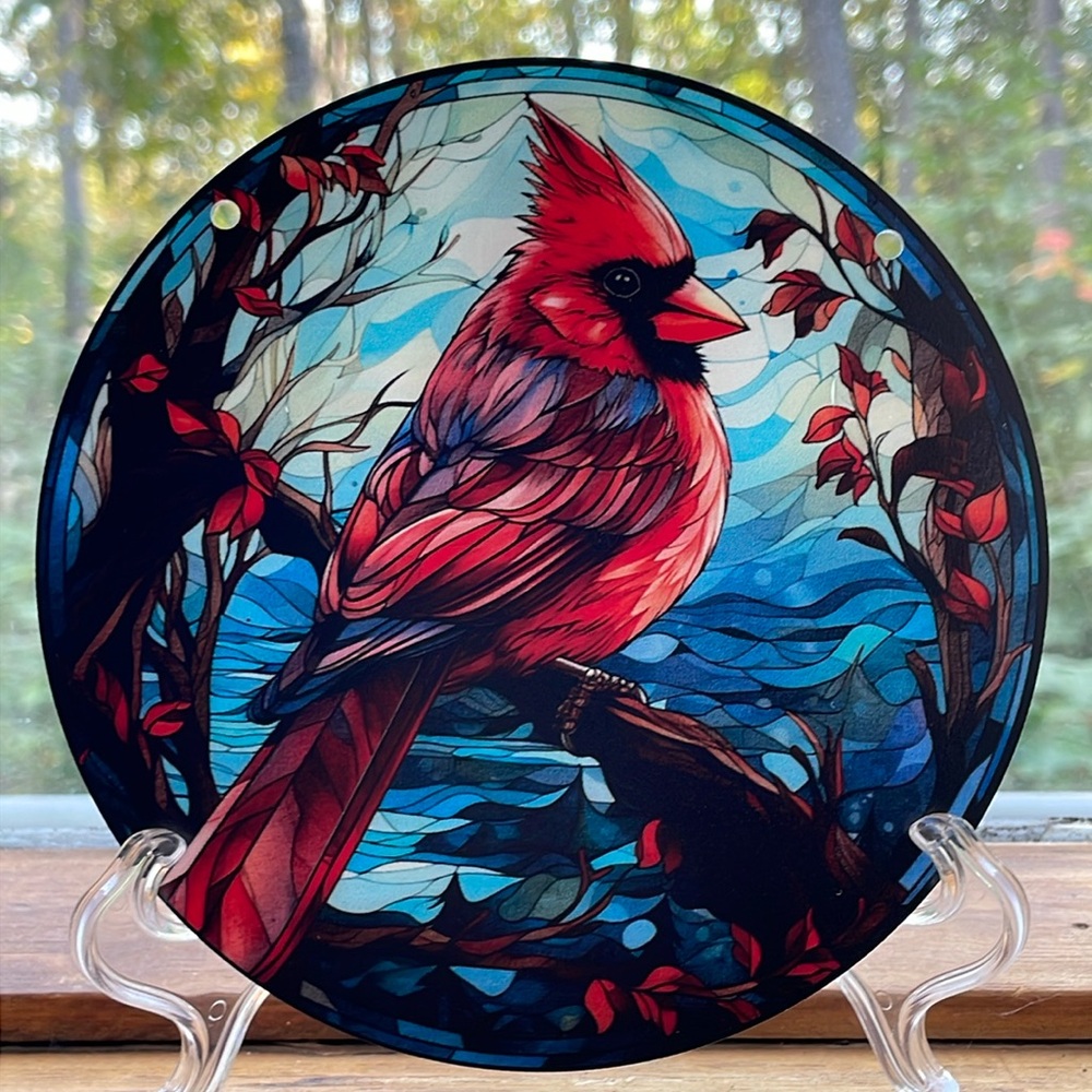 Acrylic Suncatcher Cardinal Bird Decorative Home Decorating Faux Stained Glass
